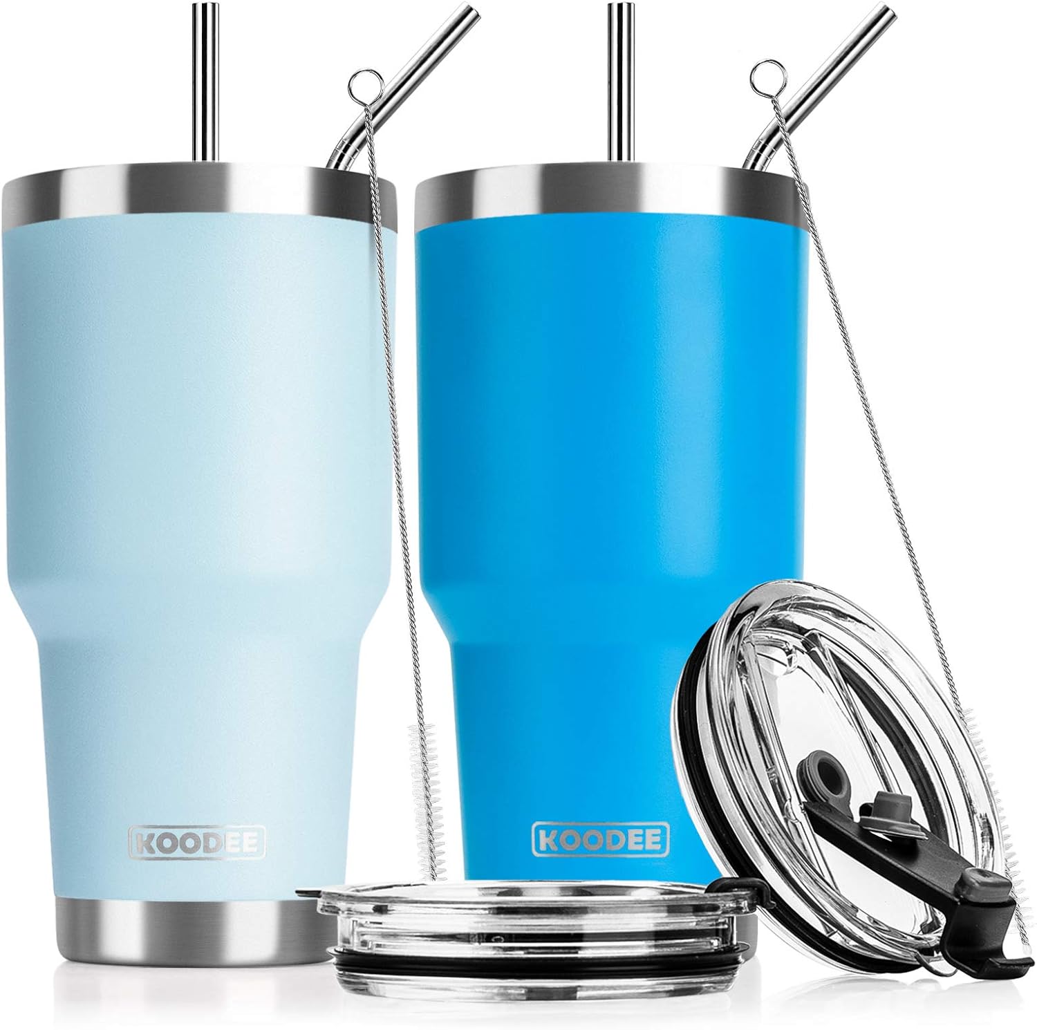 Color Baby Blue and Sky Blue koodee 30 oz Tumbler Cup with Straw-2 Pack Stainless Steel Vacuum Insulated Coffee Tumbler for Women, Travel Ice Coffee Mug with Lids (Baby Blue and Sky Blue)